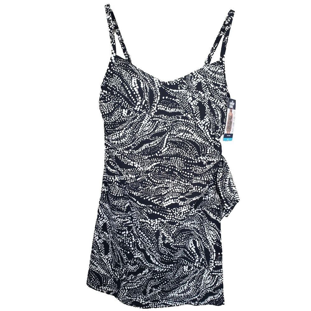 Lands' End Black Dotted Print Side-Tie UPF 50+ Swim Dress Size XL NWT